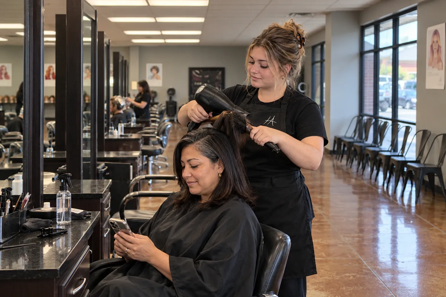 Cosmetology student finishing a blowout for a client at Hays Academy