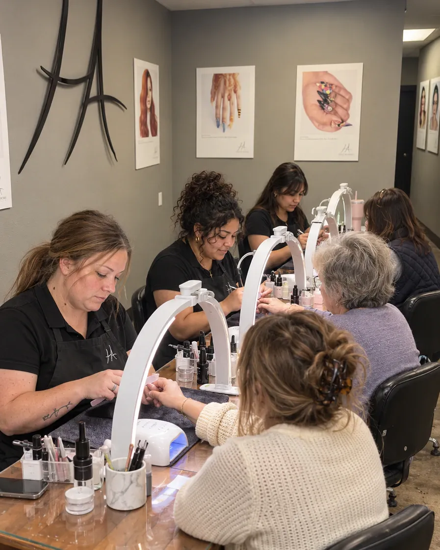 Nail technology students working with clients at the Salina campus nail table