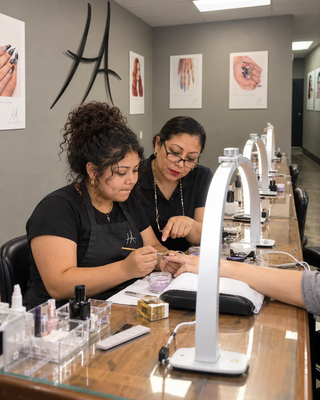 Nail instructor guiding a student through acrylic application